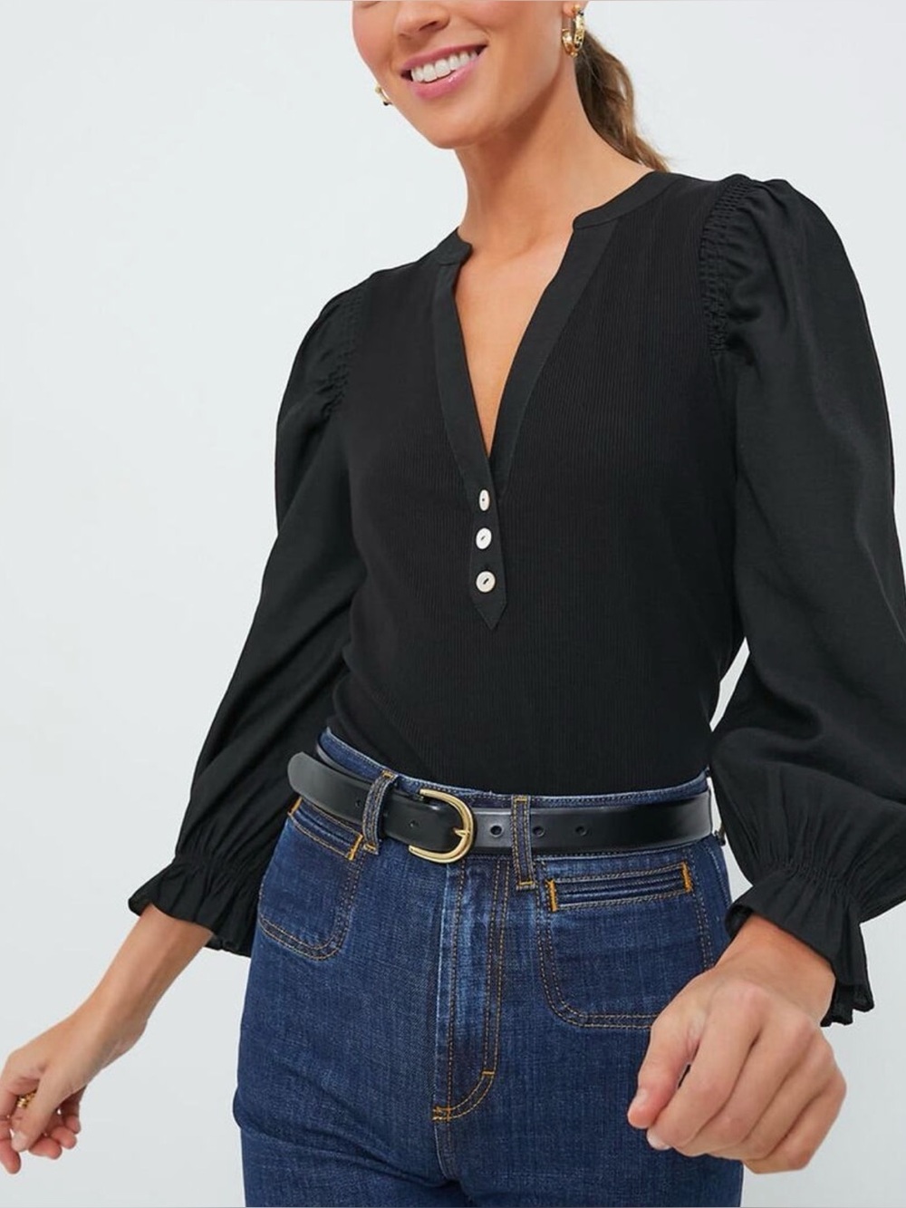 Pomander Place | Black V-Neck Henley with Puff Sleeves, M